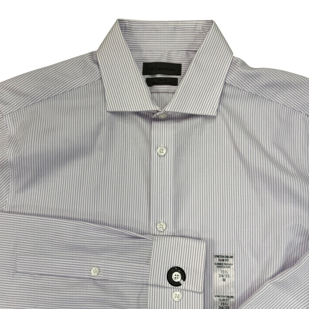 Calvin Klein Mens Infinite Non Iron Slim Fit Stripe Dress Shirt 15.5 34/35 Purp